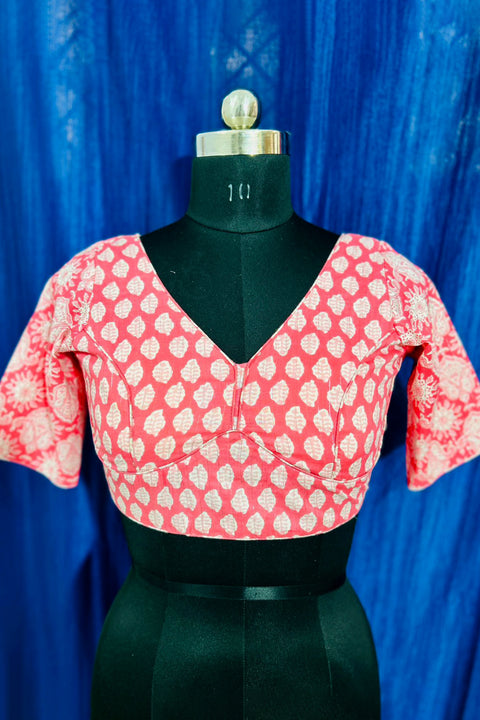 Pink & White Printed Designer Readymade Blouse in Cotton (D1696)