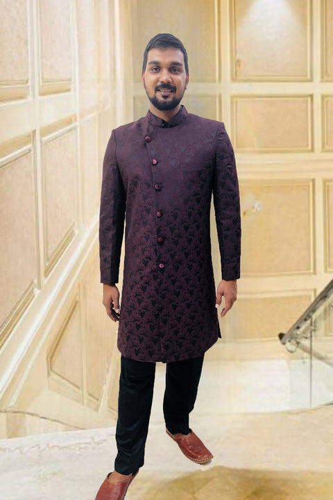 Designer Men's Festive Wine & Black Digital Pattern Silk Sherwani Set (D94)