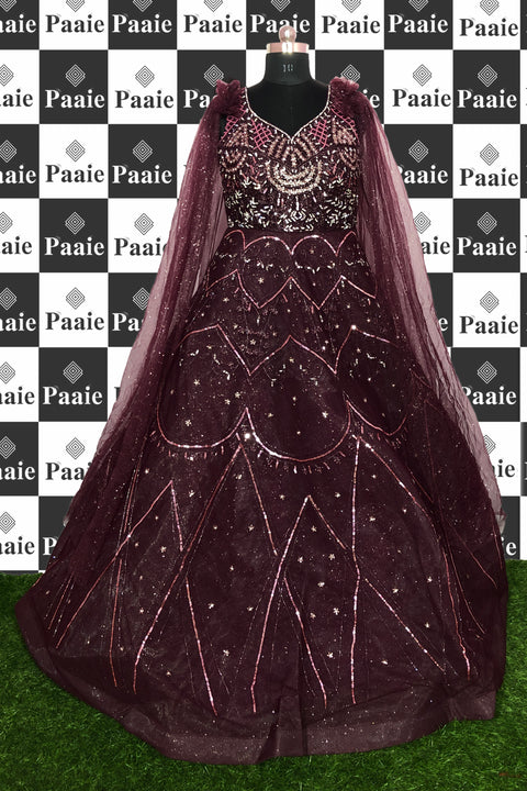 Designer Wine Color Sequins Embroidered Net Party Wear Gown (D12)