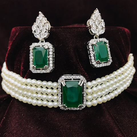 Semi-Precious American Diamond Green Stone Pearl Choker Style Necklace with Earrings (D779)