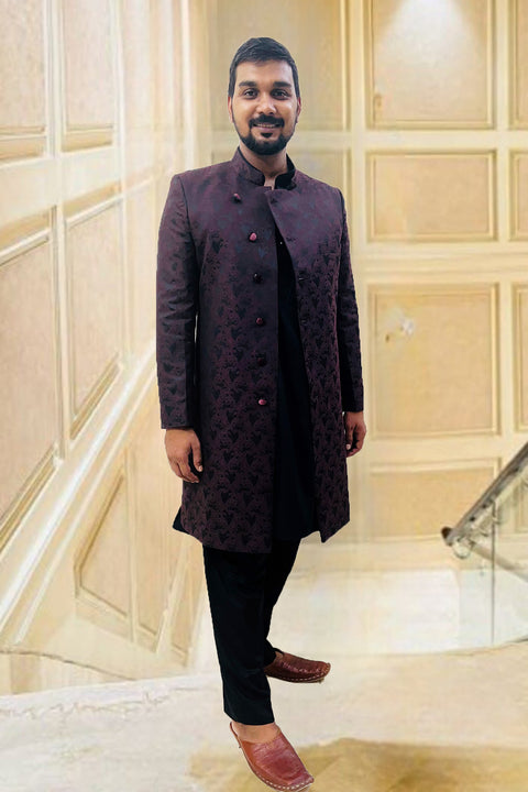 Designer Men's Festive Wine & Black Digital Pattern Silk Sherwani Set (D94)