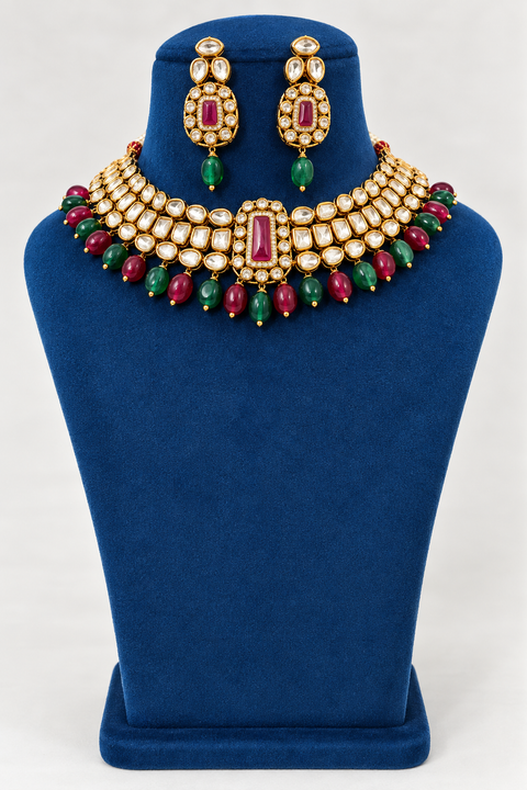 Designer Royal  Red And Green Kundan Necklace with Earrings (D597)