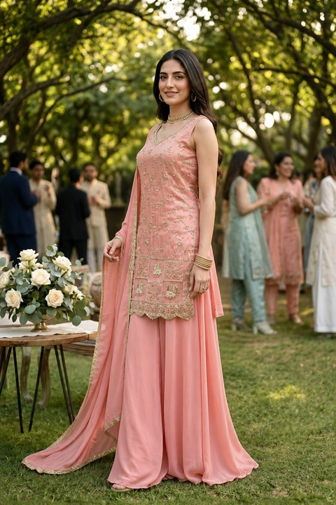 Peach Simmer Tissue Floret Embroidered Kurta Palazzo Set With Dupatta (D2115)