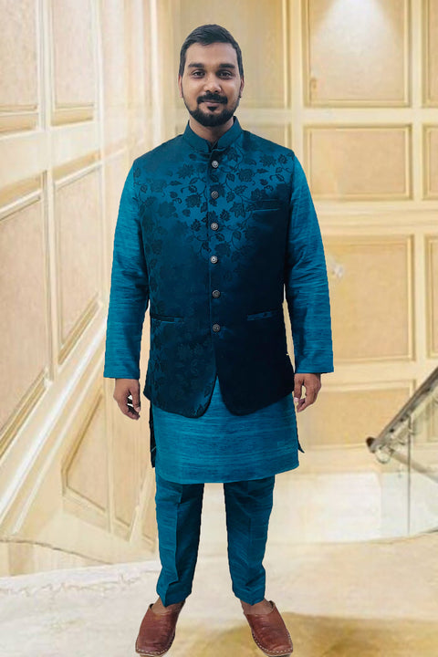 Designer Teal Blue Color Silk Kurta Pajama with Waist Coat (D99)