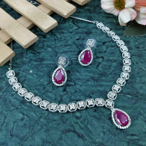 Designer Semi-Precious American Diamond Ruby Necklace with Earrings (D703)