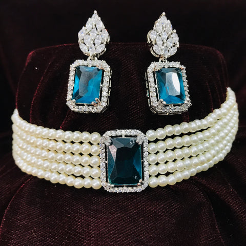 Semi-Precious American Diamond Stone Pearl Choker Style Necklace with Earrings