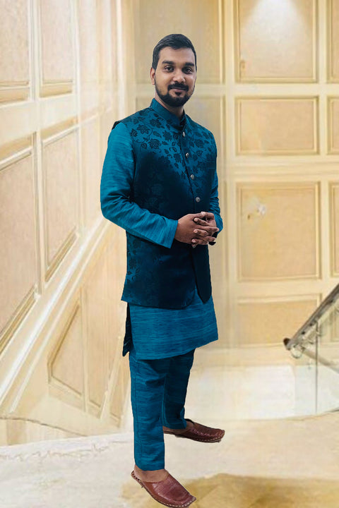 Designer Teal Blue Color Silk Kurta Pajama with Waist Coat (D99)