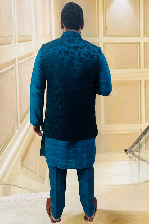 Designer Teal Blue Color Silk Kurta Pajama with Waist Coat (D99)