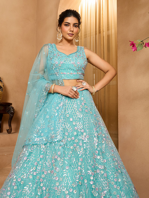 Sea Green Net Fabric Sequins embroidery Lehenga Blouse With Dupatta (D855)