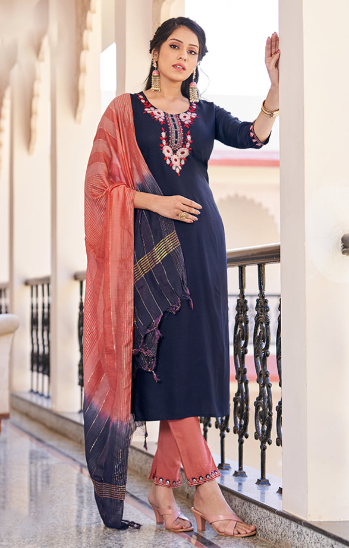 Jaipur Kurti Women Blue & Pink Woven Design A-Line Kurti - Absolutely Desi