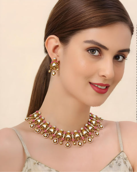 Stunning Gold Plated Royal Kundan Necklace Set (D1204)