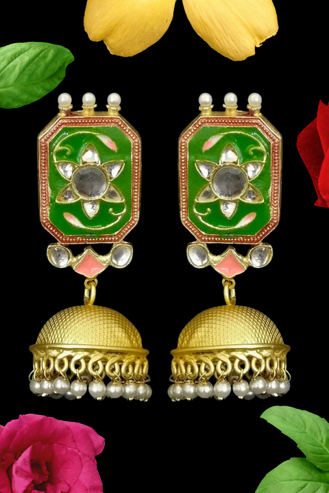 Green Hexagon Stud Golden Jhumki with Floral Designs