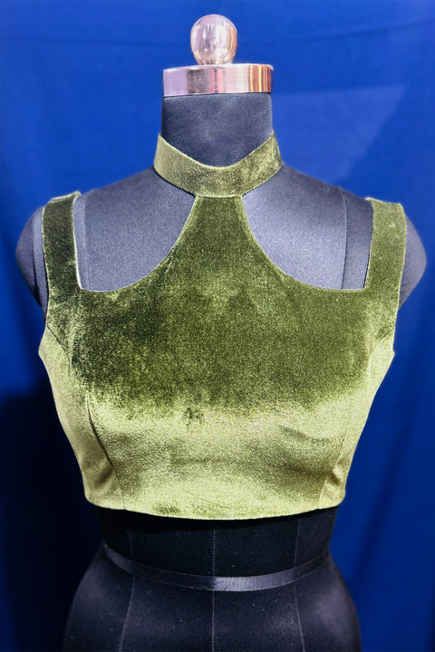 Readymade Light Green Velvet Halter Neck Blouse For Party Wear (D1703)