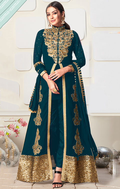 Teal Green Golden Embroided Slit Style Anarkali Pant Suit (D929)