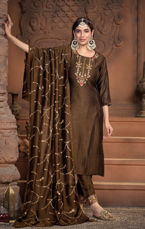 Designer Brown Color Embroidery Work Super Silk Readymade Suit With Pant (D899)