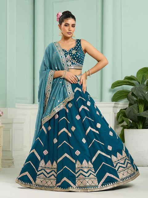 Teal-Silk Fabric Sequins embroidery Lehenga Blouse With Dupatta (D929)