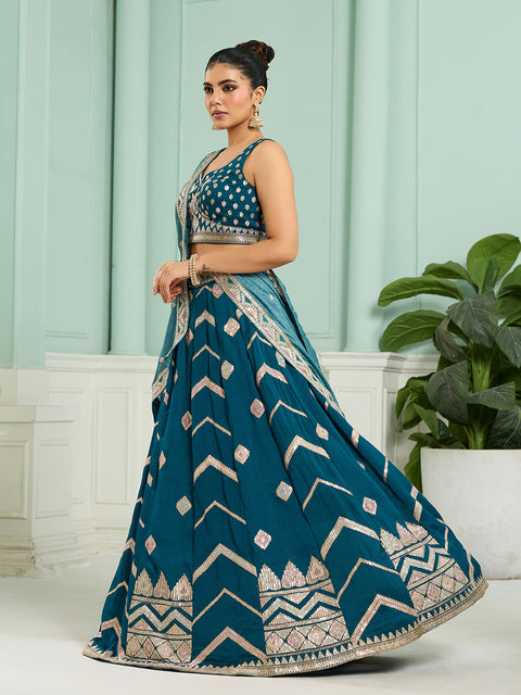 Teal-Silk Fabric Sequins embroidery Lehenga Blouse With Dupatta (D929)