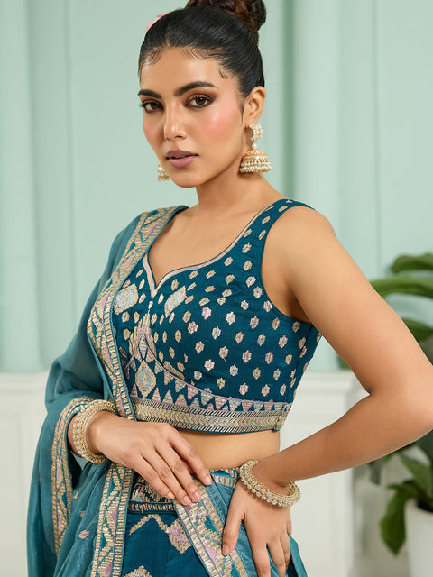 Teal-Silk Fabric Sequins embroidery Lehenga Blouse With Dupatta (D929)