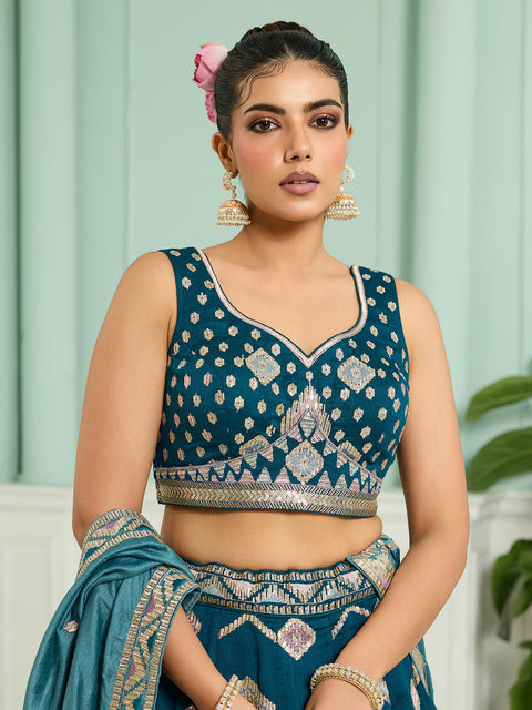 Teal-Silk Fabric Sequins embroidery Lehenga Blouse With Dupatta (D929)