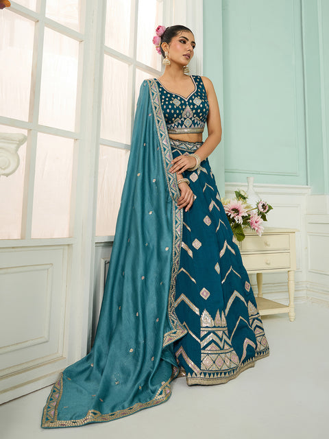Teal-Silk Fabric Sequins embroidery Lehenga Blouse With Dupatta (D929)