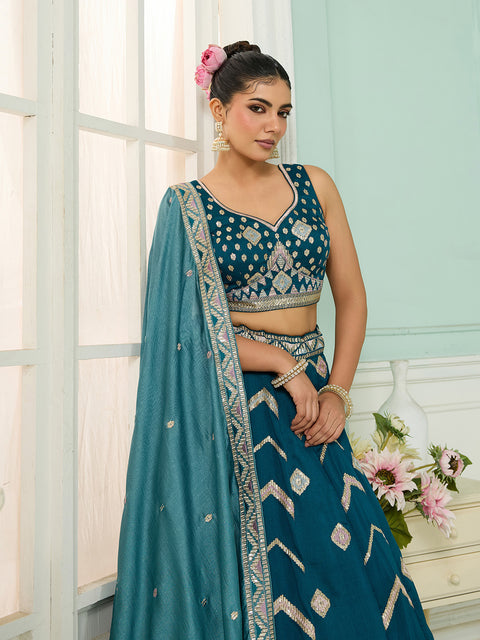 Teal-Silk Fabric Sequins embroidery Lehenga Blouse With Dupatta (D929)