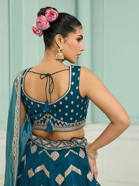 Teal-Silk Fabric Sequins embroidery Lehenga Blouse With Dupatta (D929)