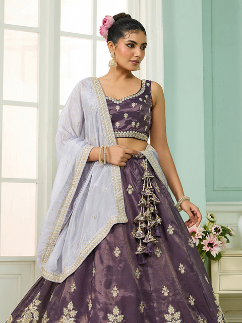 Purple- Tissue Fabric Sequins embroidery Lehenga & Blouse With Dupatta (D884)