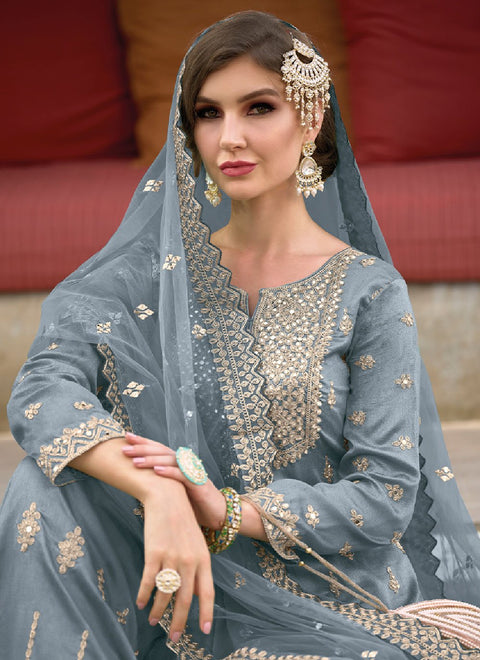 Designer Gray Color Suit with Palazzo & Dupatta in Silk (D956)