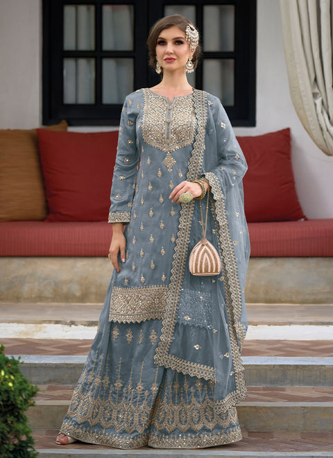 Designer Gray Color Suit with Palazzo & Dupatta in Silk (D956)