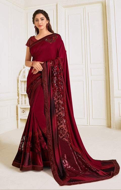 Lycra Maroon Designer Saree with Sequins work & Handwork Butta - PAAIE