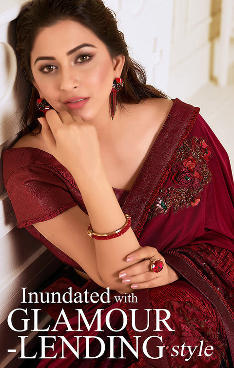 Lycra Maroon Designer Saree with Sequins work & Handwork Butta - PAAIE