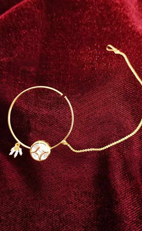 Gold Plated Royal Kundan Studded Nose Ring with Chain - NATH (Design 9)