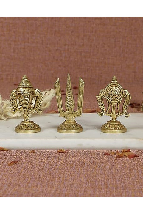 3 Inches Brass Shankh Chakra Namah Idols, Standard, Antique Yellow, Pack of 3 Idols(Design 87)
