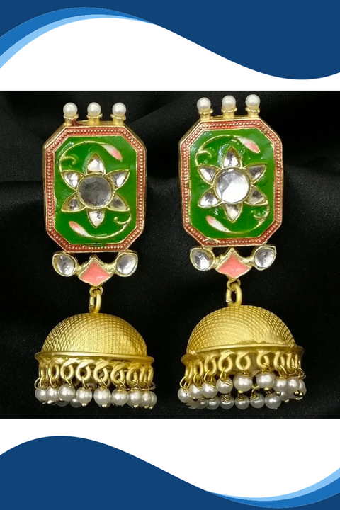 Green Hexagon Stud Golden Jhumki with Floral Designs