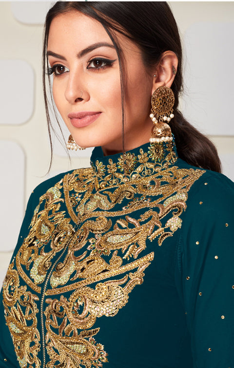 Teal Green Golden Embroided Slit Style Anarkali Pant Suit (D929)