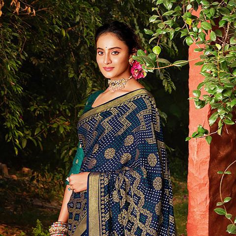 Designer Blue/Golden Brasso Printed Saree for Casual Wear (D443)