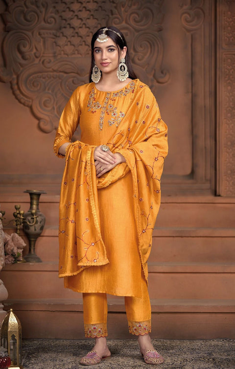 Designer Mustard Yellow Color Embroidery Work Super Silk Readymade Suit With Pant (D898)