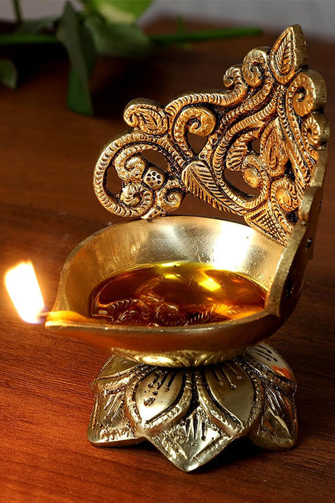 Ethnic Carved Floral Design 5 Inches Brass Diya, Brass Diyas for Home Temple, Brass Diya for Puja, Standard, Pack of 1(Design 89)