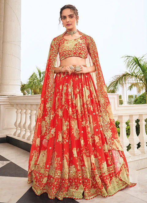 Designer Red Color Pure Faux Georgette Embroidered Wedding Festival Circular Lehenga Choli (D247)