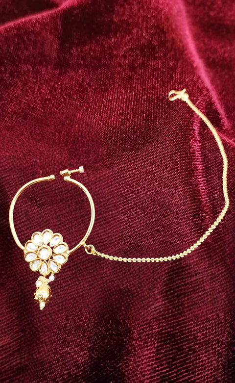 Gold Plated Royal Kundan Studded Nose Ring with Chain - NATH (Design 7)
