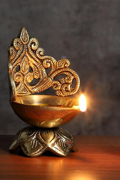 Ethnic Carved Floral Design 5 Inches Brass Diya, Brass Diyas for Home Temple, Brass Diya for Puja, Standard, Pack of 1(Design 89)