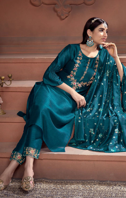 Designer Teal Blue Color Embroidery Work Super Silk Readymade Suit With Pant (D902)