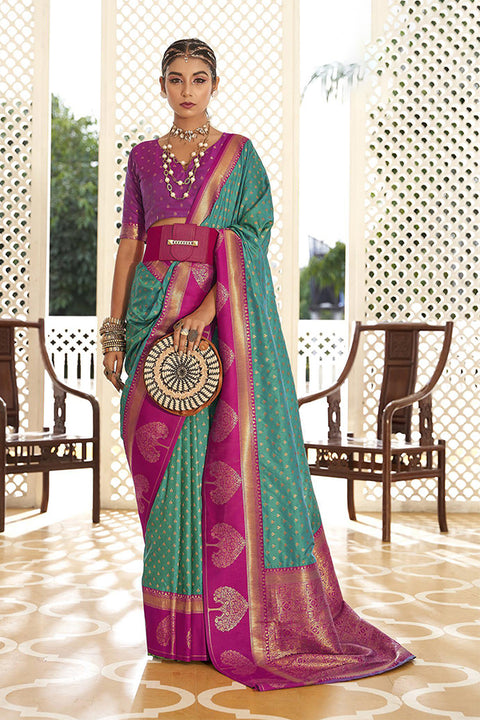 Sea Green & Pink Color Party Wear Banarasi Silk Saree (D708)