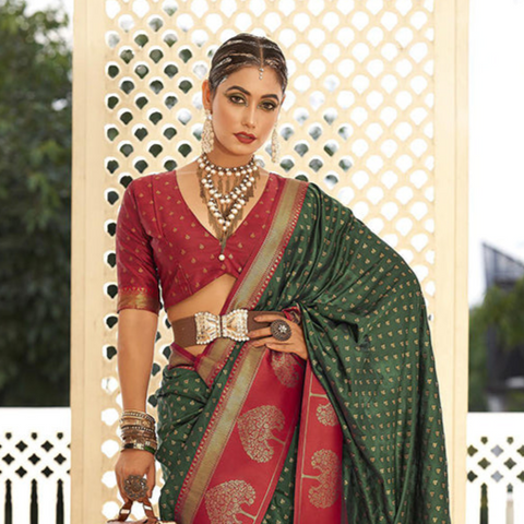 Mehandi Green & Red Color Party Wear Banarasi Silk Saree (D712)