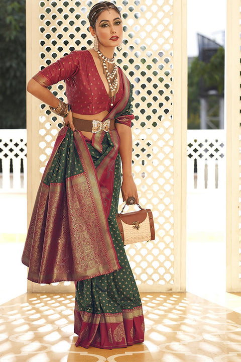 Mehandi Green & Red Color Party Wear Banarasi Silk Saree (D712)