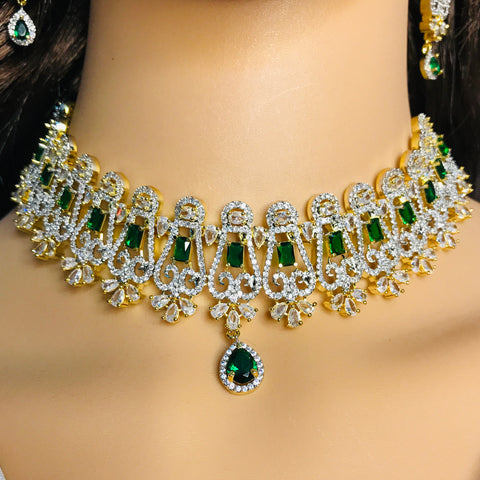 Designer Semi-Precious American Diamond Emerald Necklace with Earrings & Mangtikka (D801)