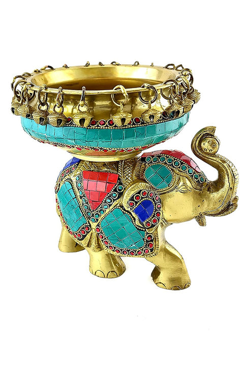 6 Inches Ethnic Design Brass Urli Over Brass Elephant Showpiece, Urli for Home Decor, Brass Decorative Urli Bowl, Gemstone Finished, Pack of 1(Design 91)