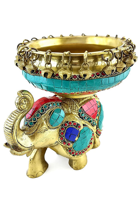 6 Inches Ethnic Design Brass Urli Over Brass Elephant Showpiece, Urli for Home Decor, Brass Decorative Urli Bowl, Gemstone Finished, Pack of 1(Design 91)