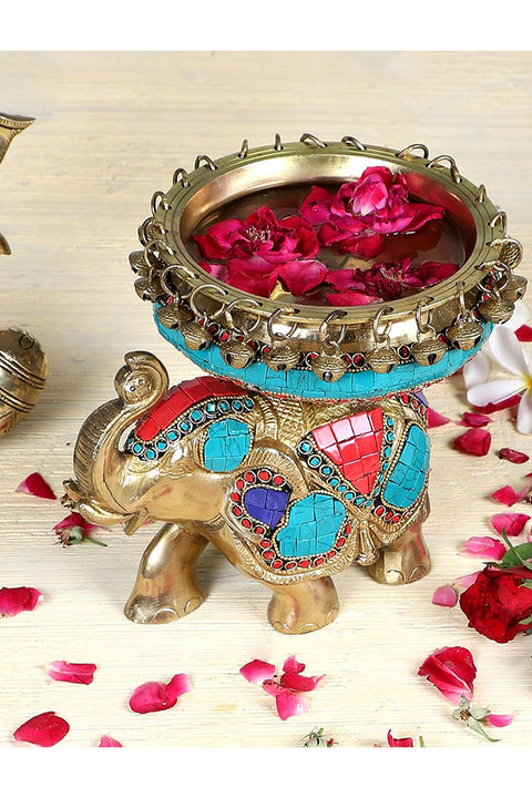 6 Inches Ethnic Design Brass Urli Over Brass Elephant Showpiece, Urli for Home Decor, Brass Decorative Urli Bowl, Gemstone Finished, Pack of 1(Design 91)