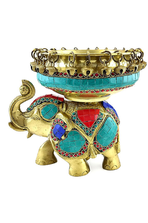 6 Inches Ethnic Design Brass Urli Over Brass Elephant Showpiece, Urli for Home Decor, Brass Decorative Urli Bowl, Gemstone Finished, Pack of 1(Design 91)